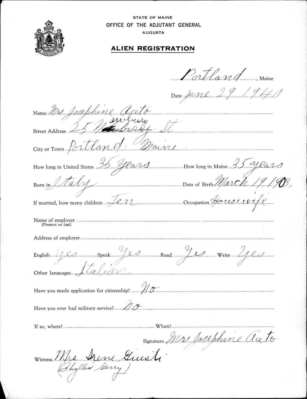 Miniature of Alien Registration- Aceto, Josephine (Portland, Cumberland County)