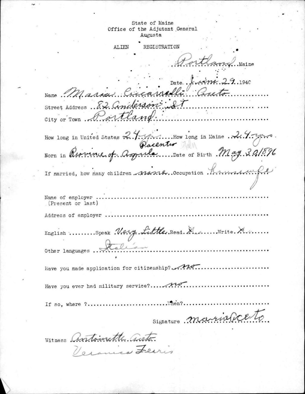 Miniature of Alien Registration- Ciccanelli, Maria (Portland, Cumberland County)
