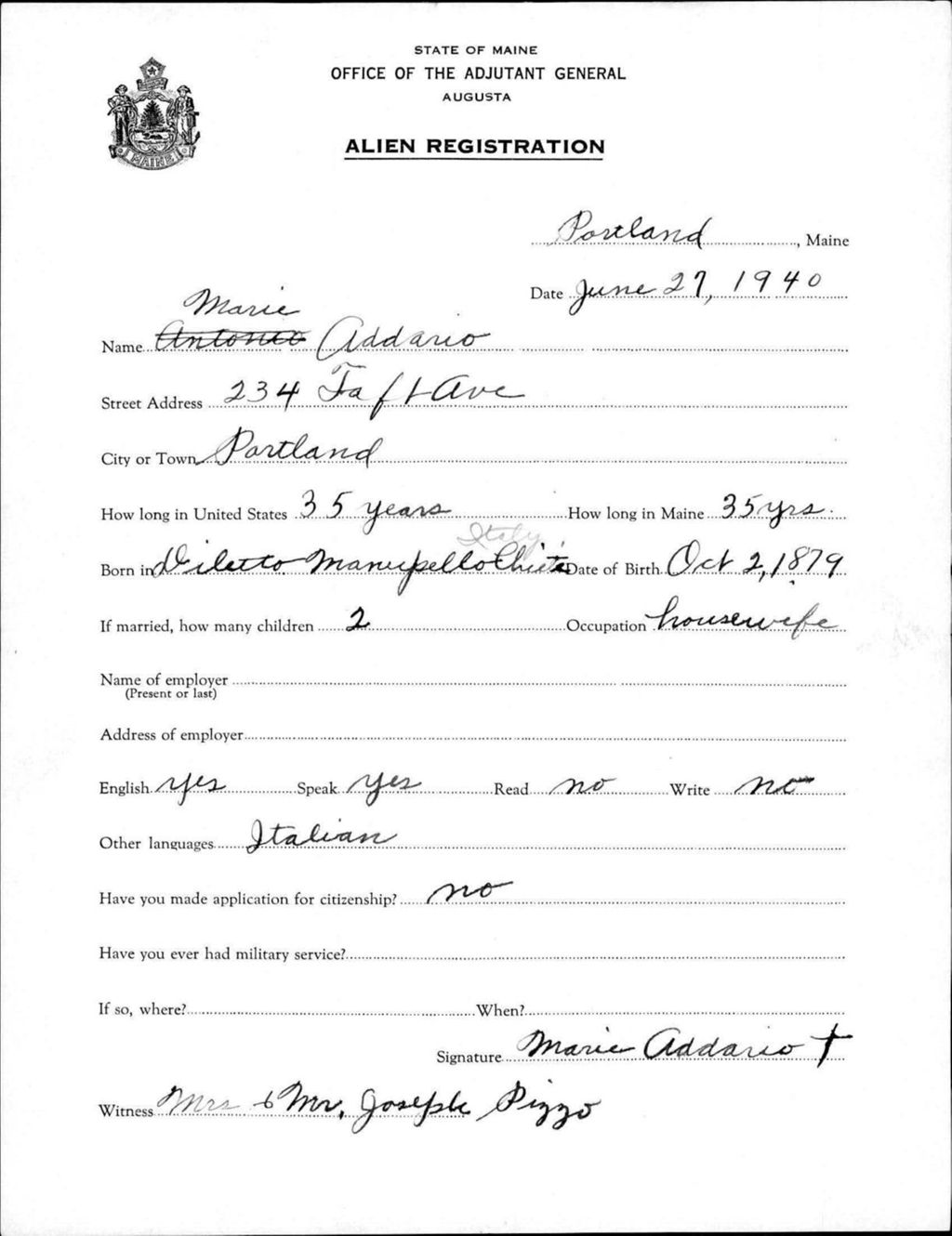 Miniature of Alien Registration- Addario, Marie (Portland, Cumberland County)