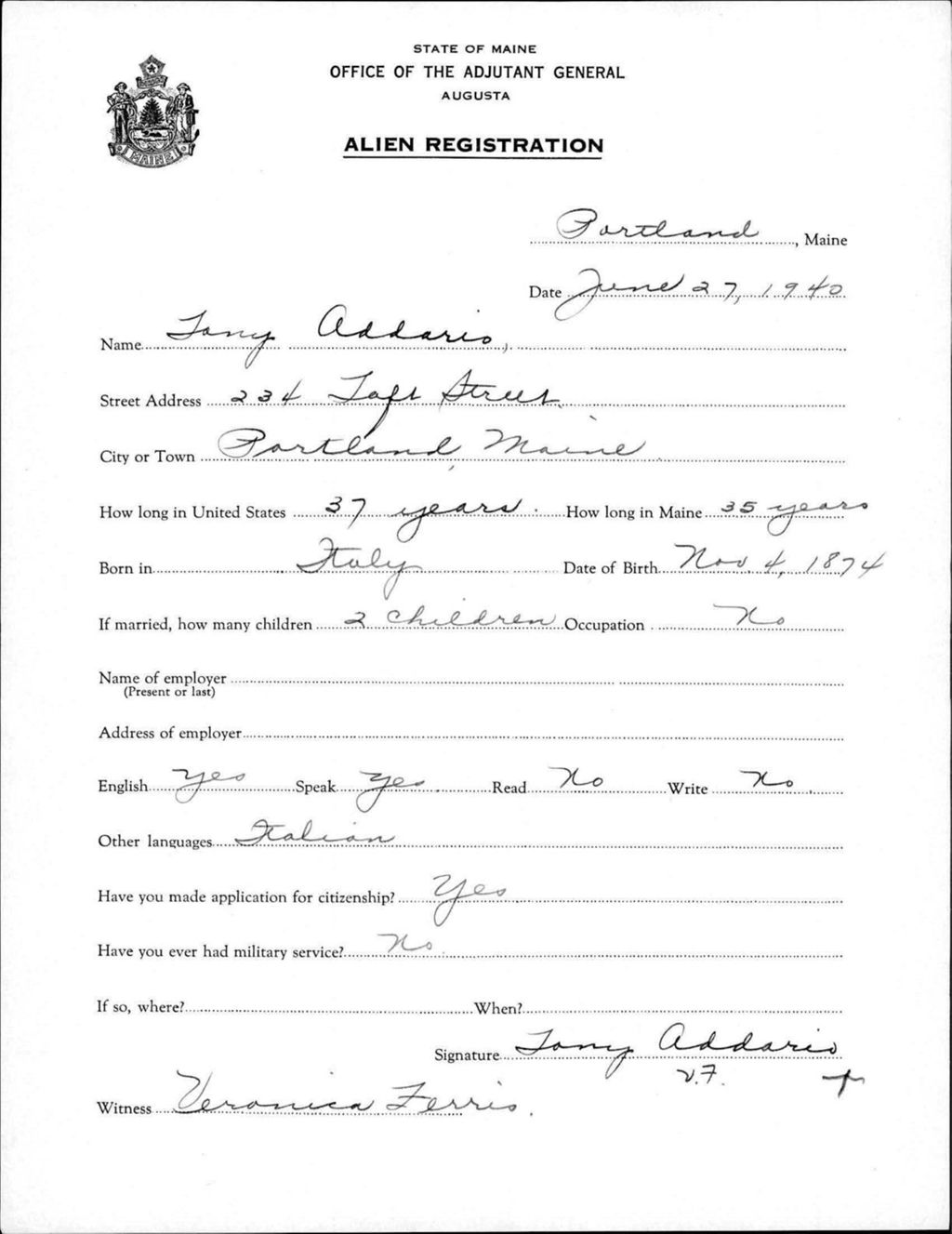 Miniature of Alien Registration- Addario, Tony (Portland, Cumberland County)