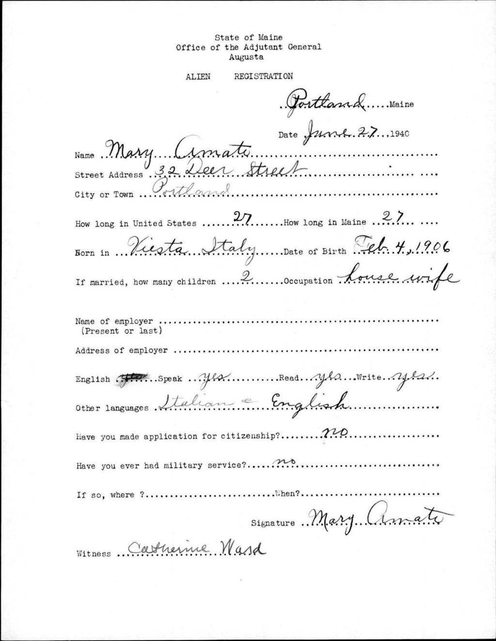 Miniature of Alien Registration- Amato, Mary (Portland, Cumberland County)