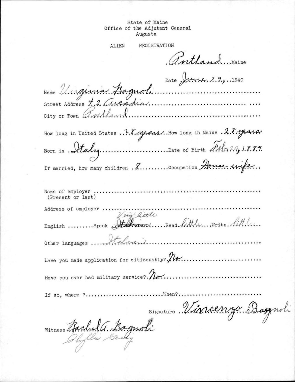 Miniature of Alien Registration- Bagnoli, Virginia (Portland, Cumberland County)