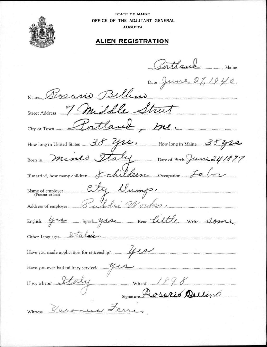 Miniature of Alien Registration- Bellino, Rosario (Portland, Cumberland County)