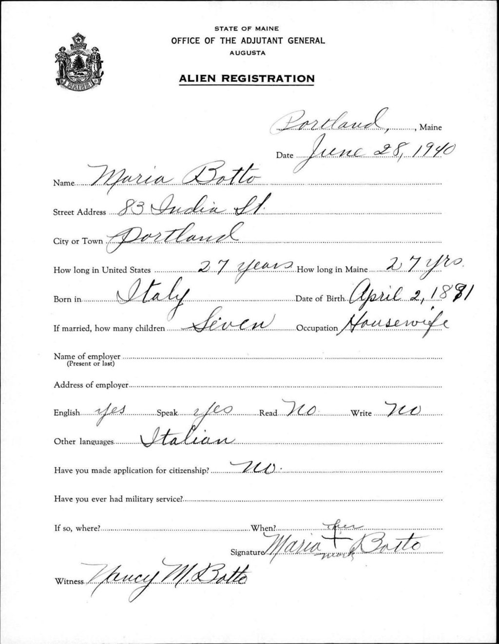 Miniature of Alien Registration- Botto, Maria (Portland, Cumberland County)