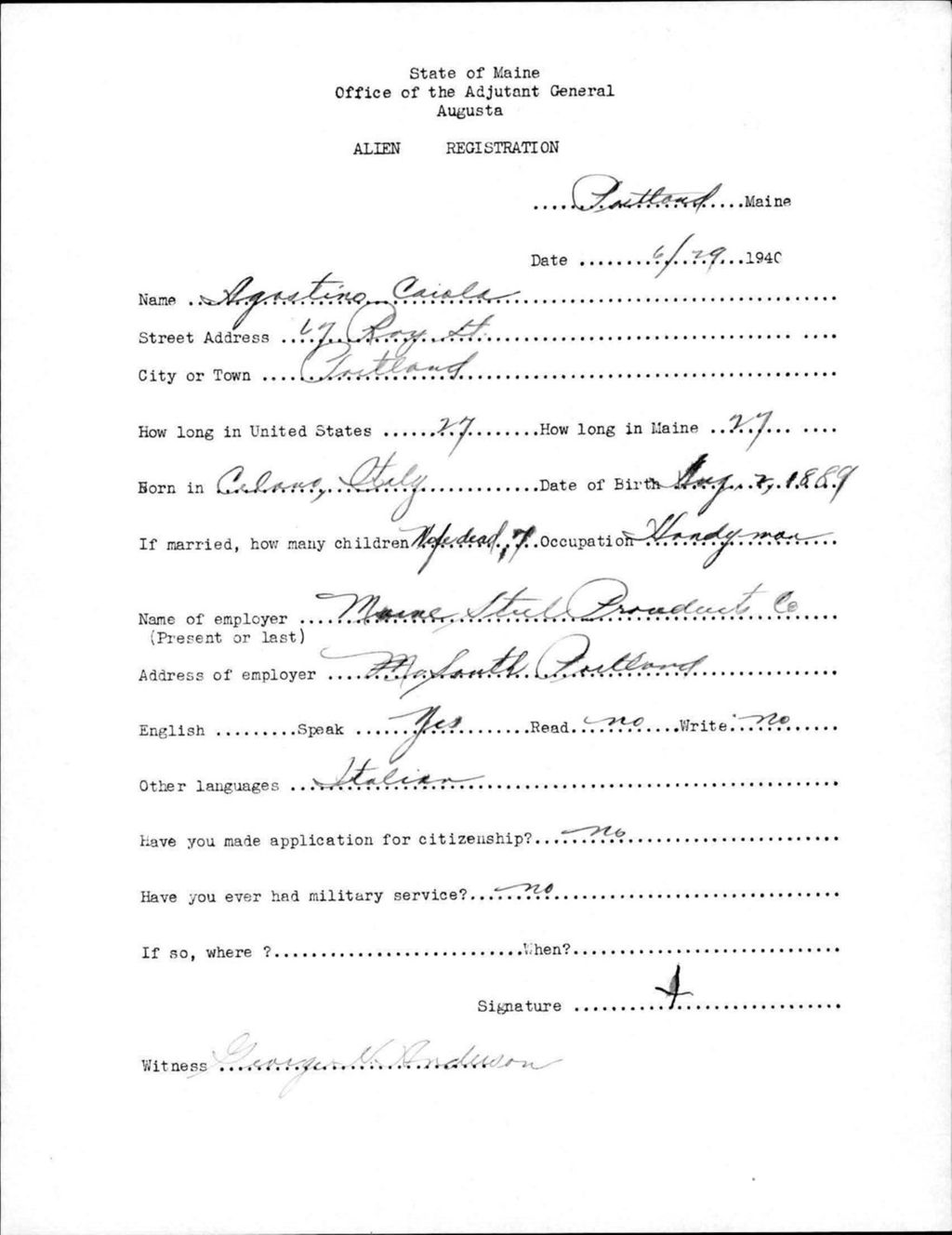 Miniature of Alien Registration- Caiola, Agostino (Portland, Cumberland County)
