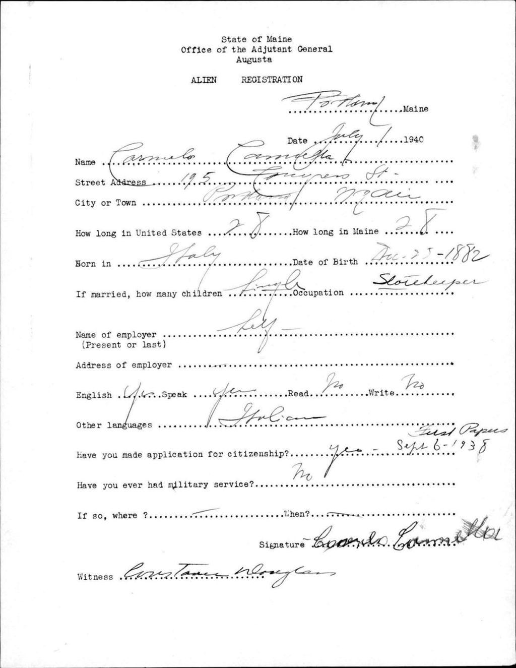 Miniature of Alien Registration- Camalla, Carmelo (Portland, Cumberland County)