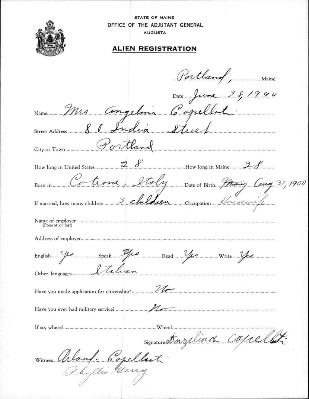 Miniature of Alien Registration- Capellinti, Angelina (Portland, Cumberland County)