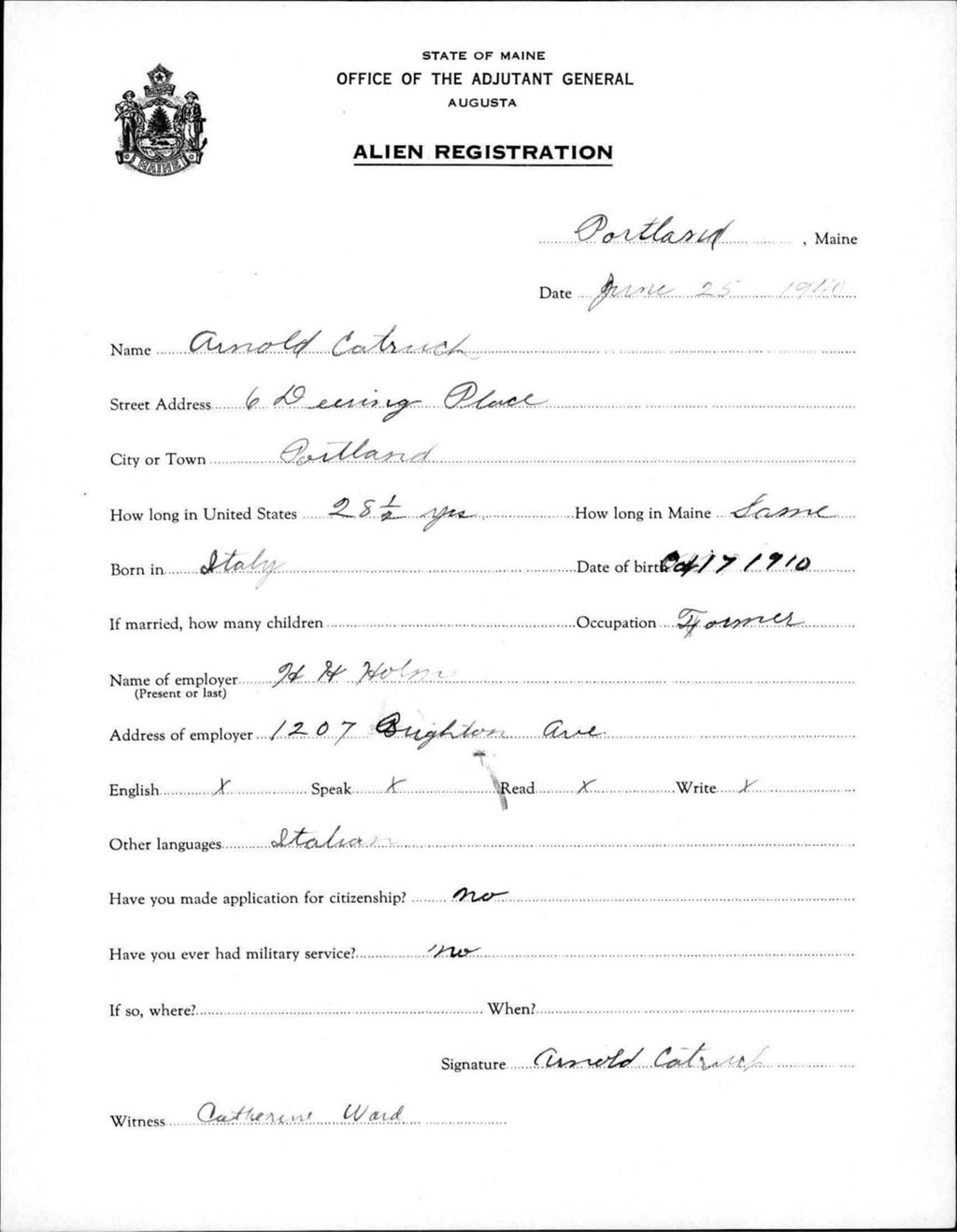 Miniature of Alien Registration- Catruch, Arnold (Portland, Cumberland County)