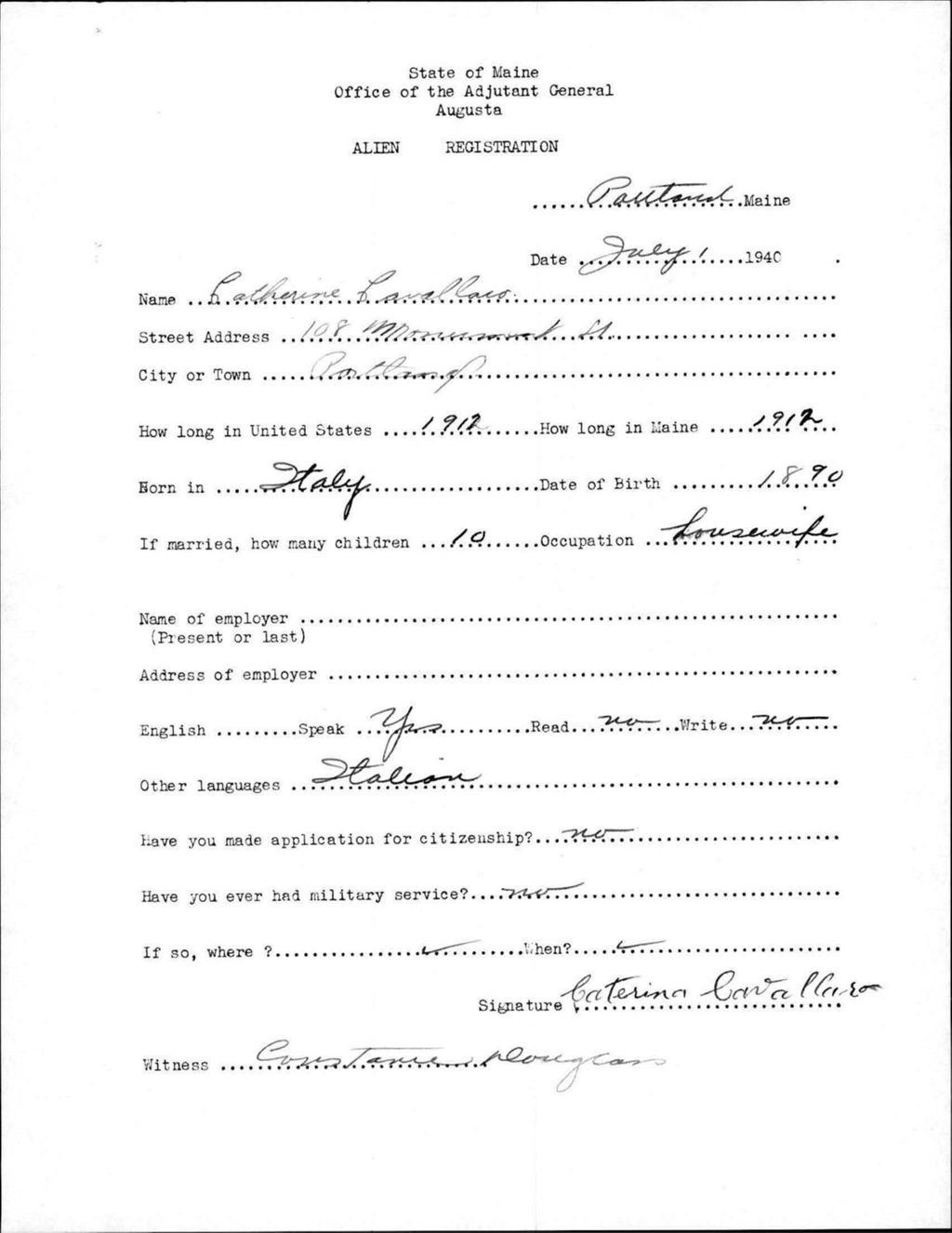 Miniature of Alien Registration- Cavallaro, Catherine (Portland, Cumberland County)