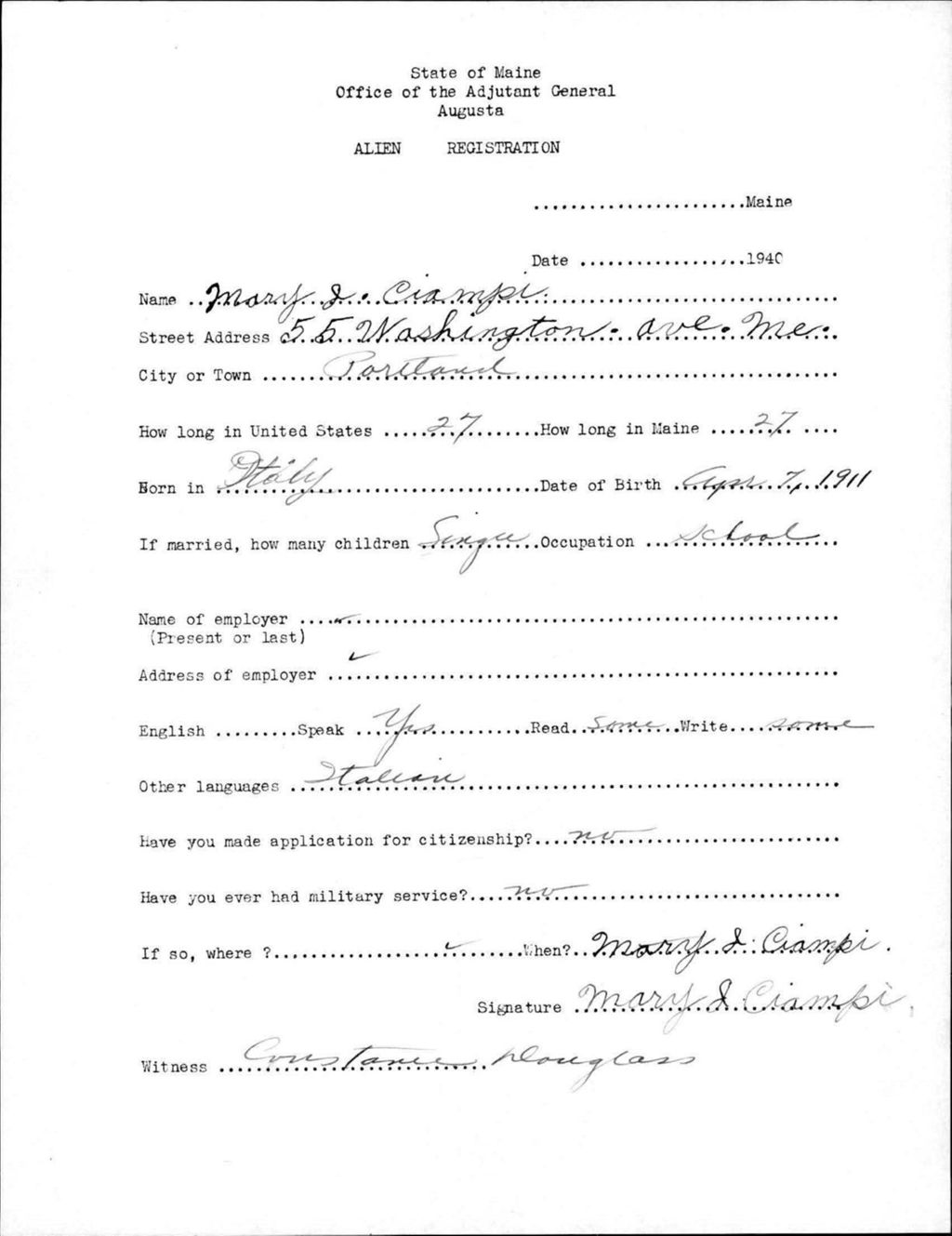 Miniature of Alien Registration- Ciampi, Mary J. (Portland, Cumberland County)