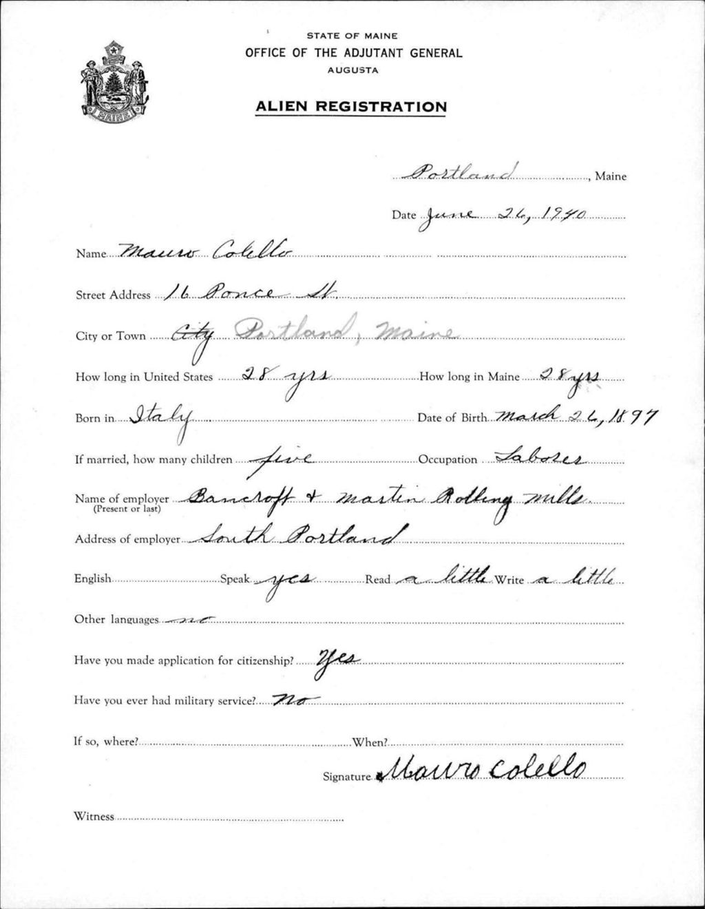 Miniature of Alien Registration- Colello, Mauro (Portland, Cumberland County)