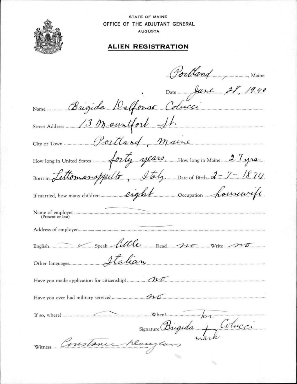 Miniature of Alien Registration- Dalfonso, Brigida (Portland, Cumberland County)