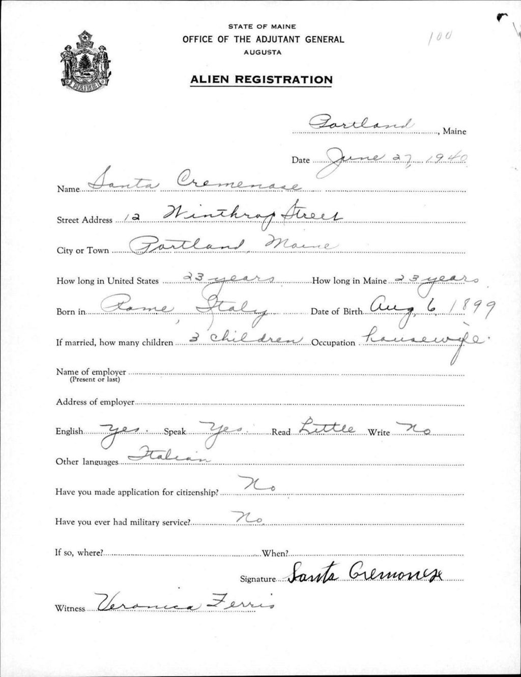 Miniature of Alien Registration- Cremenese, Santa (Portland, Cumberland County)
