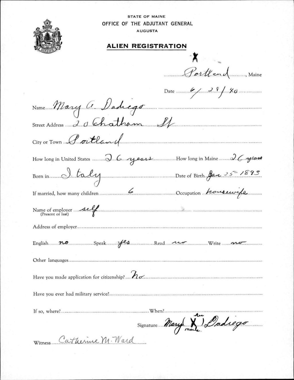 Miniature of Alien Registration- Dadiego, Mary A. (Portland, Cumberland County)