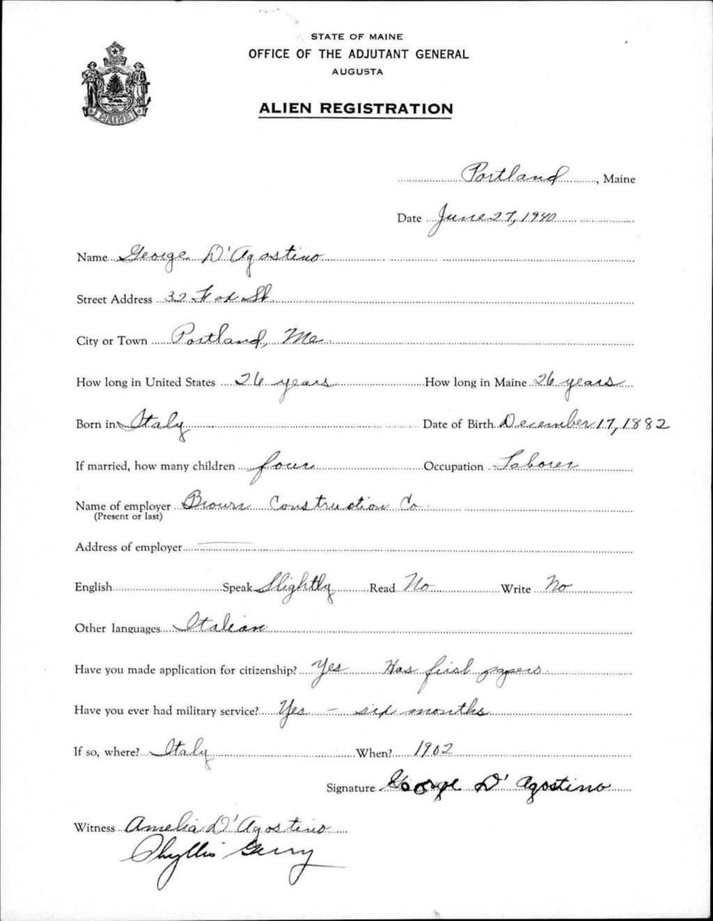 Miniature of Alien Registration- D'Agostino, George (Portland, Cumberland County)