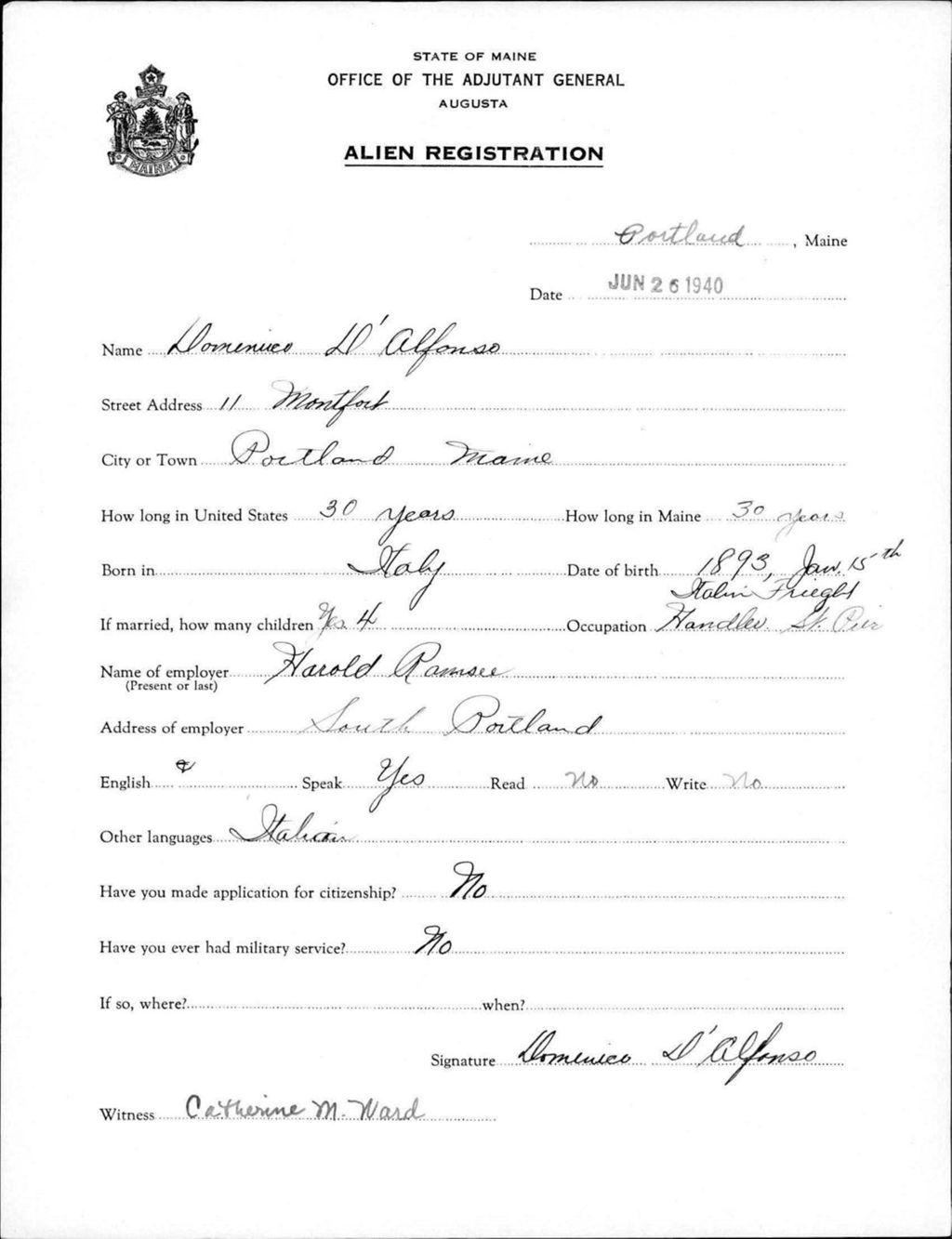 Miniature of Alien Registration- D'Alfonso, Domenico (Portland, Cumberland County)