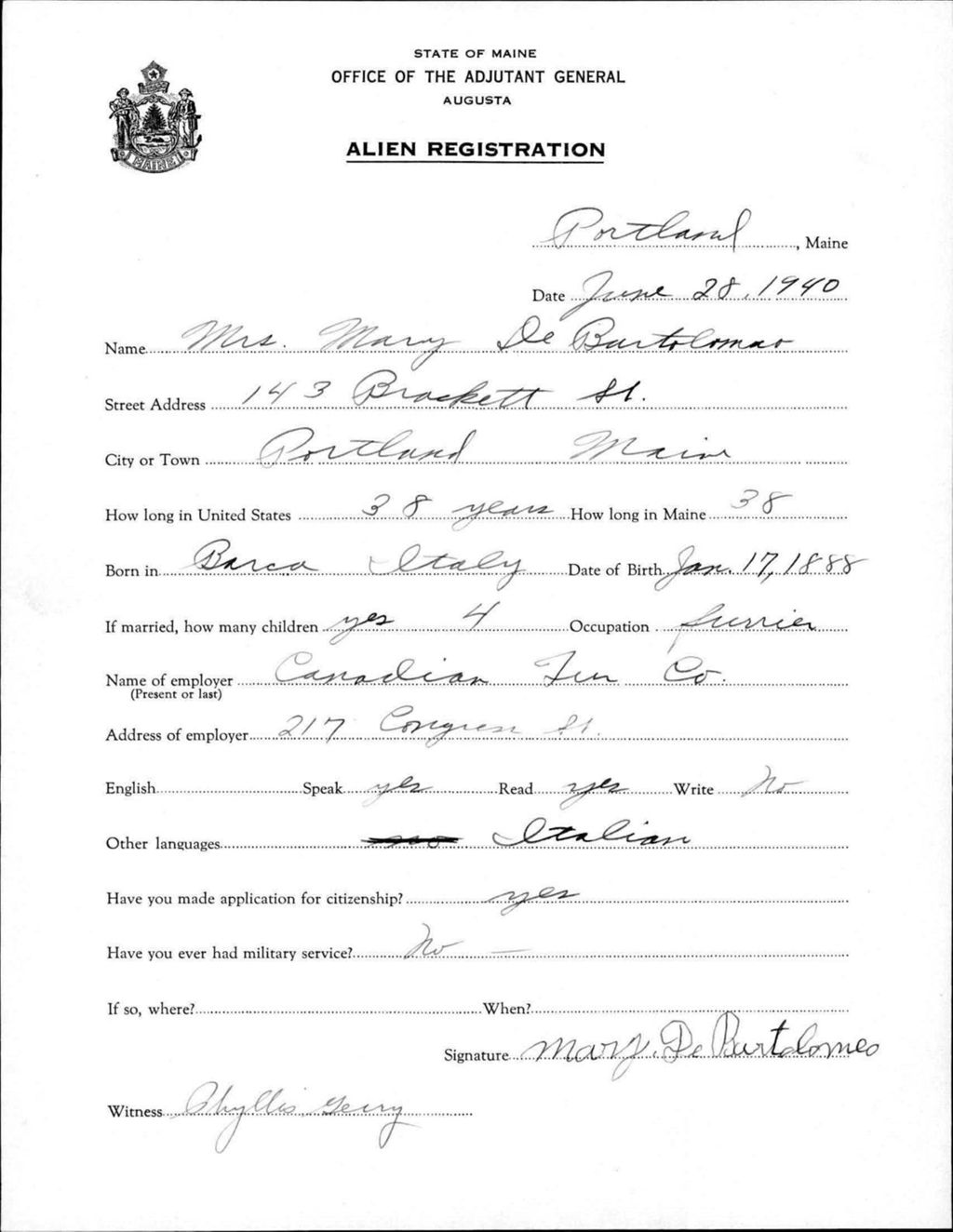 Miniature of Alien Registration- Debartolomeo, Mary (Portland, Cumberland County)