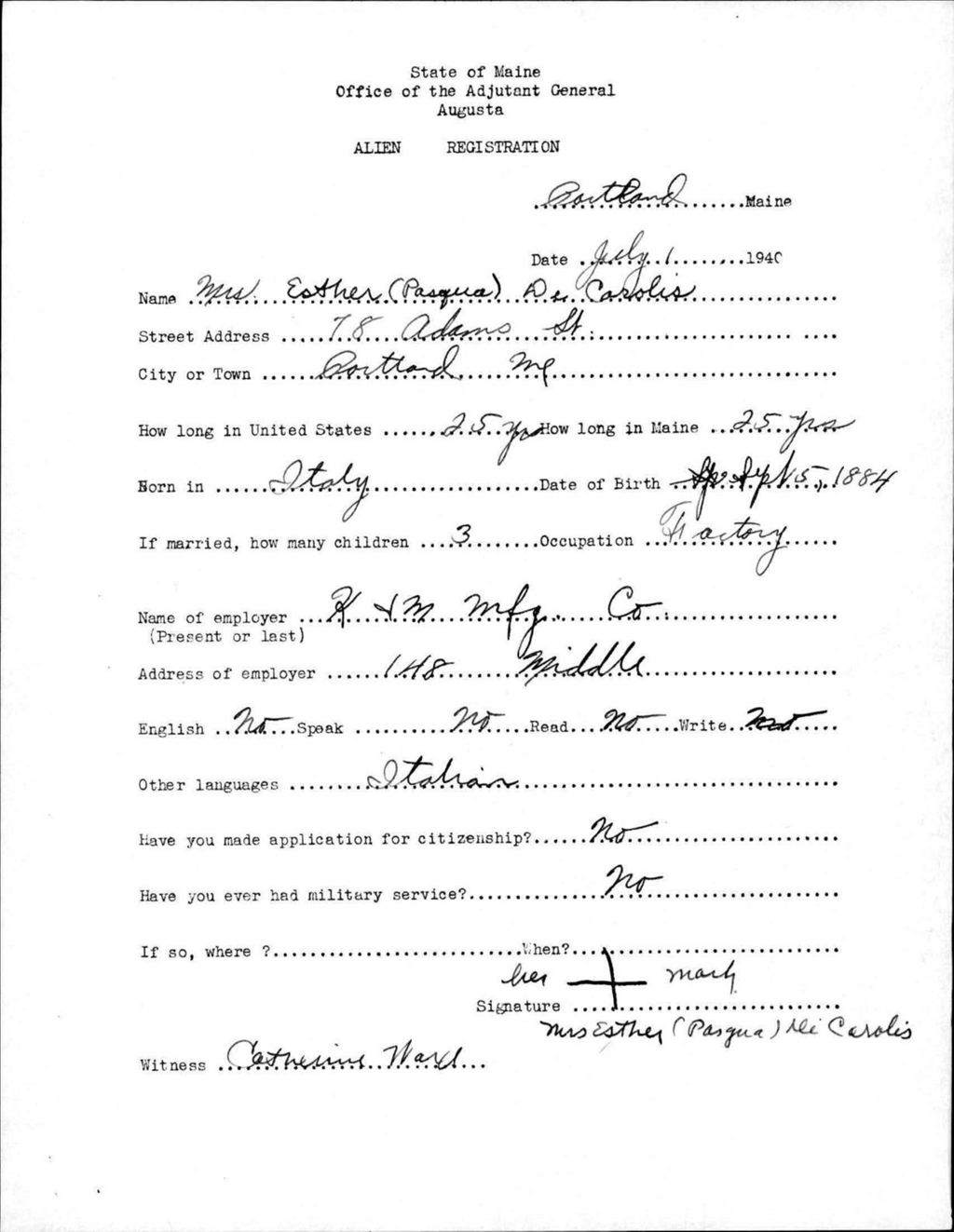 Miniature of Alien Registration- Pasqua, Esther (Portland, Cumberland County)