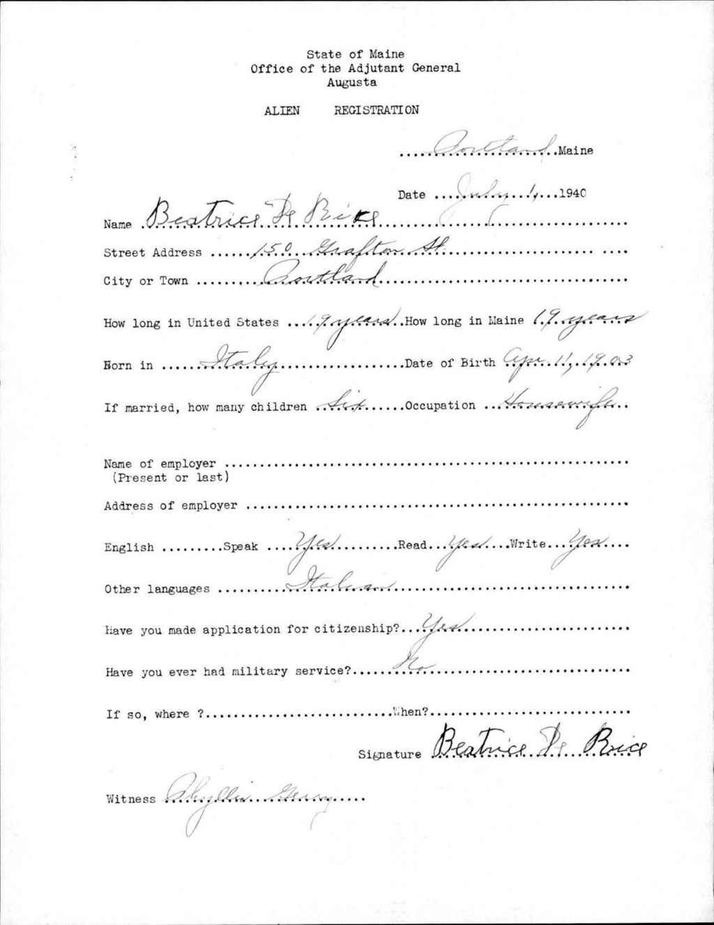 Miniature of Alien Registration- Debice, Beatrice (Portland, Cumberland County)