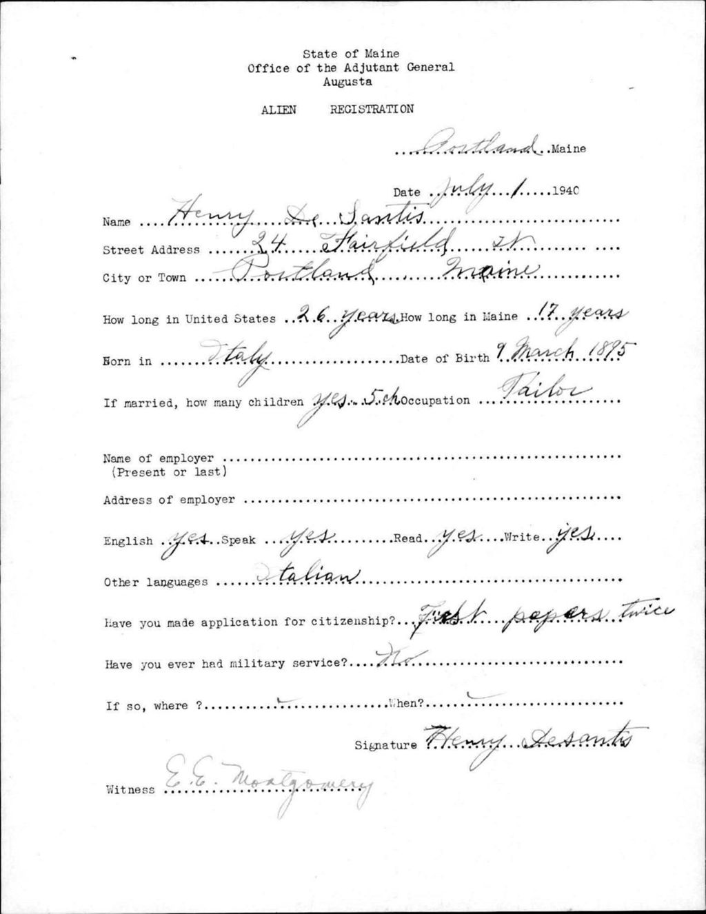 Miniature of Alien Registration- De Santis, Henry (Portland, Cumberland County)