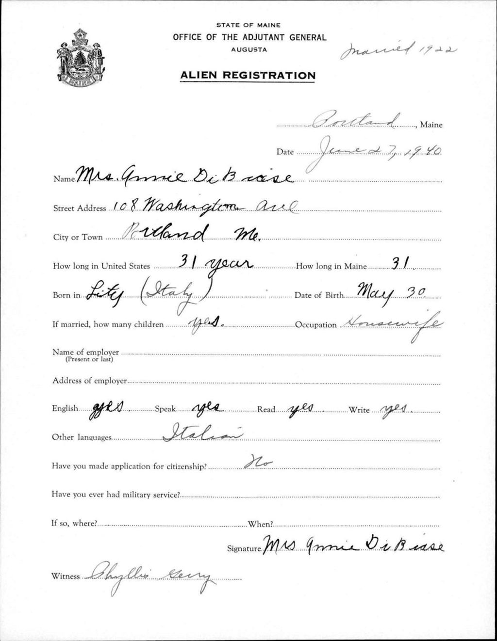 Miniature of Alien Registration- Dibiase, Annie (Portland, Cumberland County)