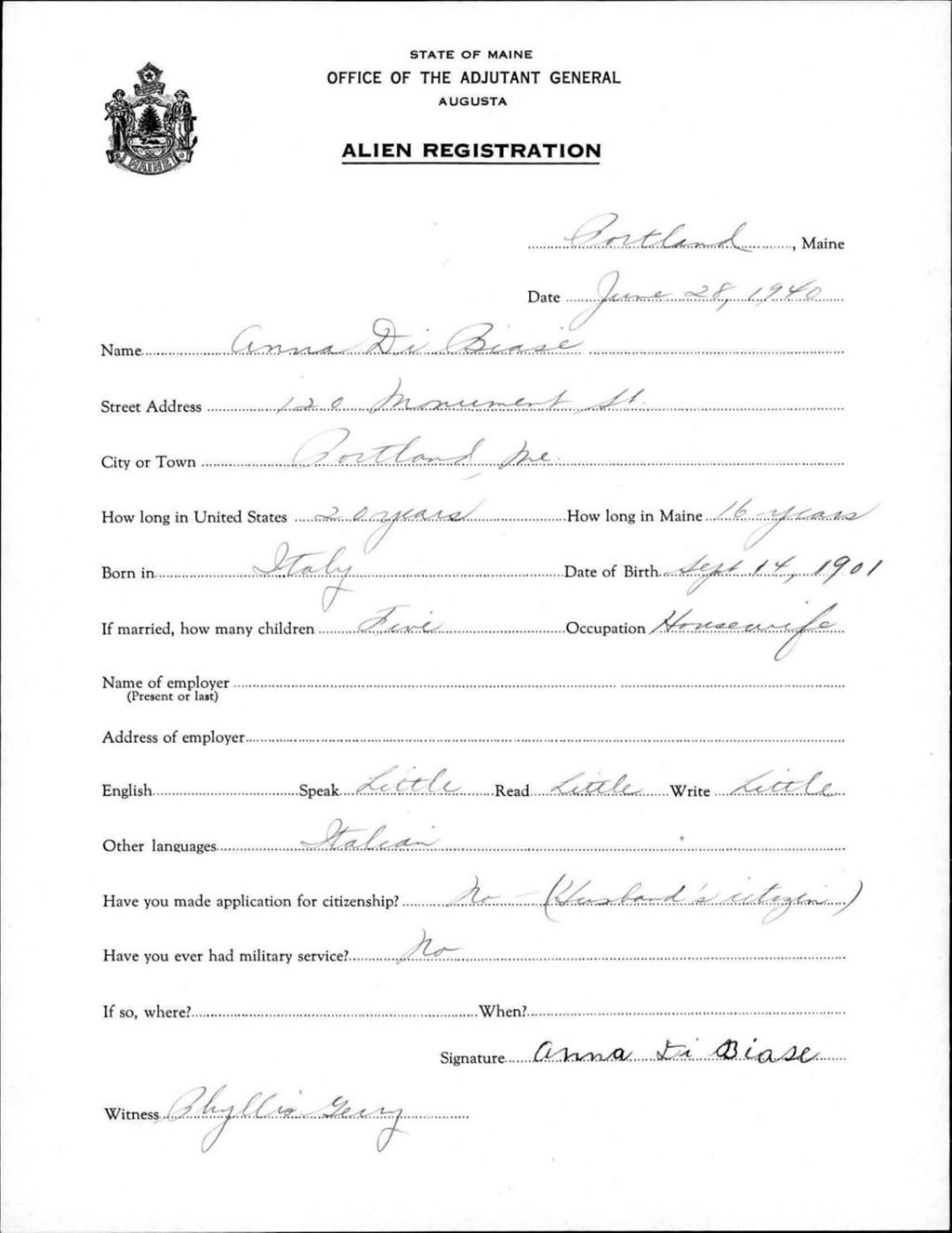 Miniature of Alien Registration- Dibiase, Anna (Portland, Cumberland County)