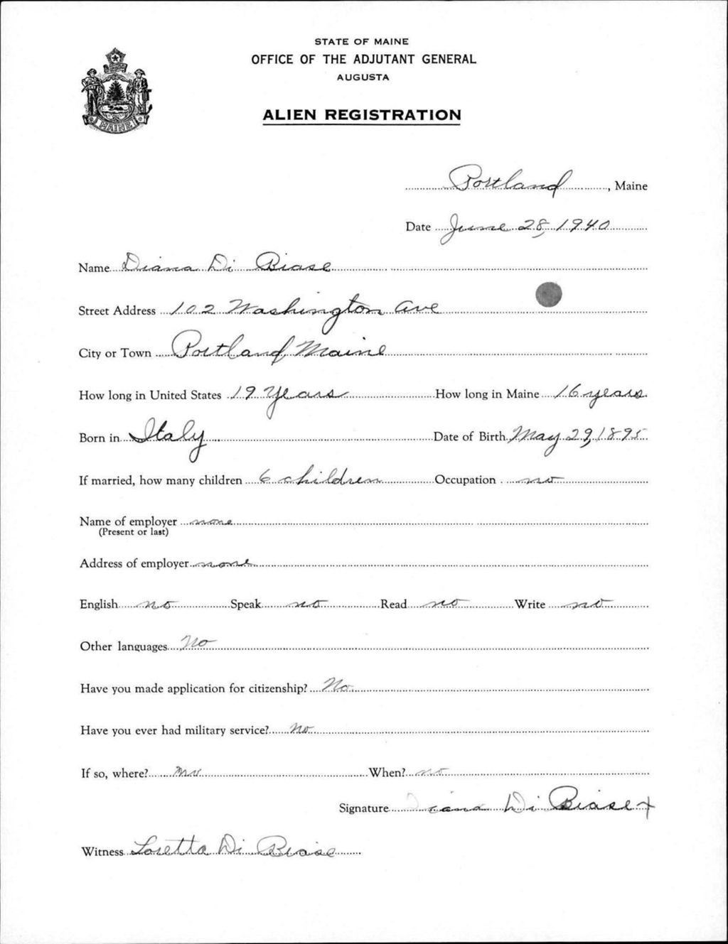 Miniature of Alien Registration- Dibiase, Diana (Portland, Cumberland County)