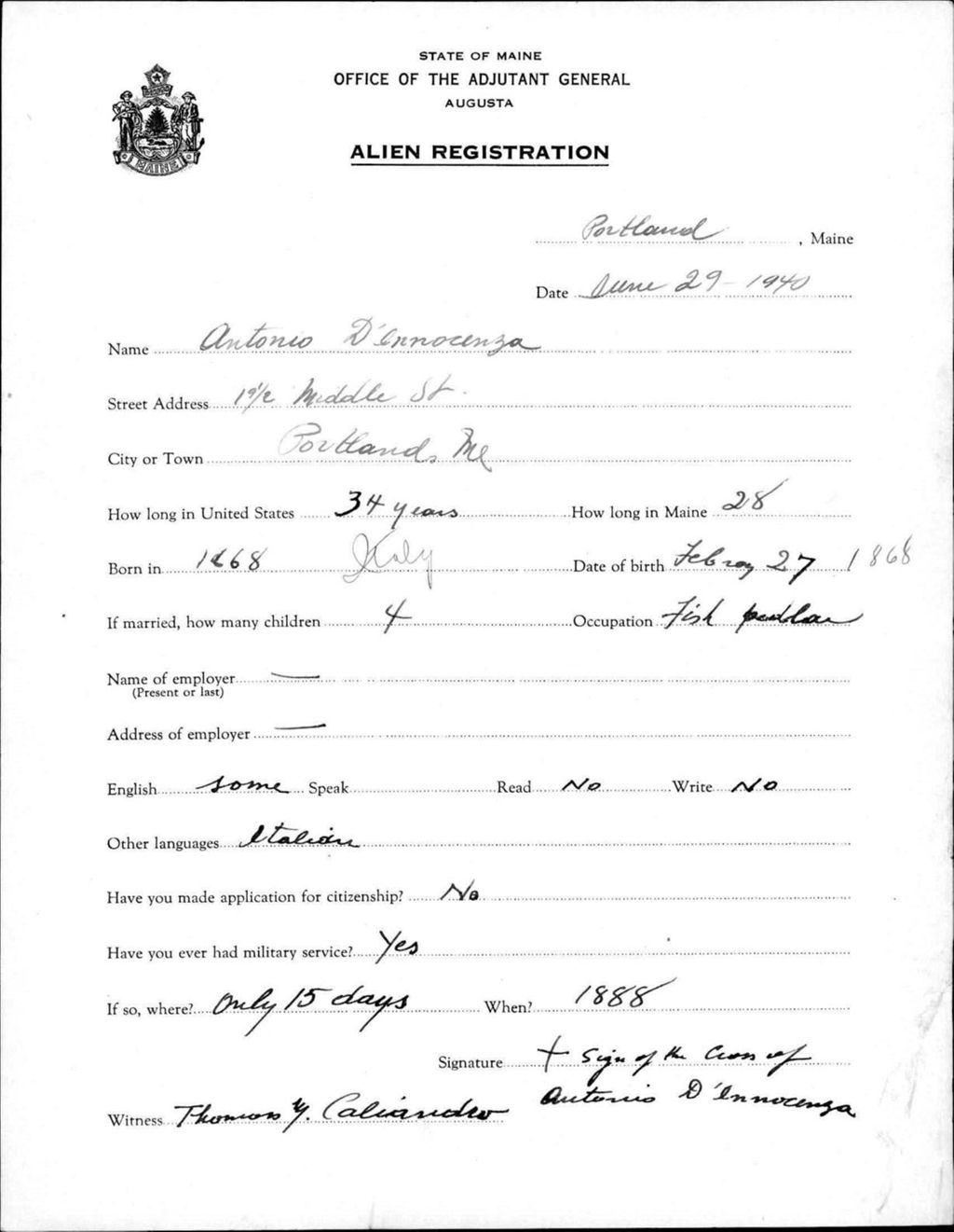 Miniature of Alien Registration- D'Innocenza, Antonio (Portland, Cumberland County)