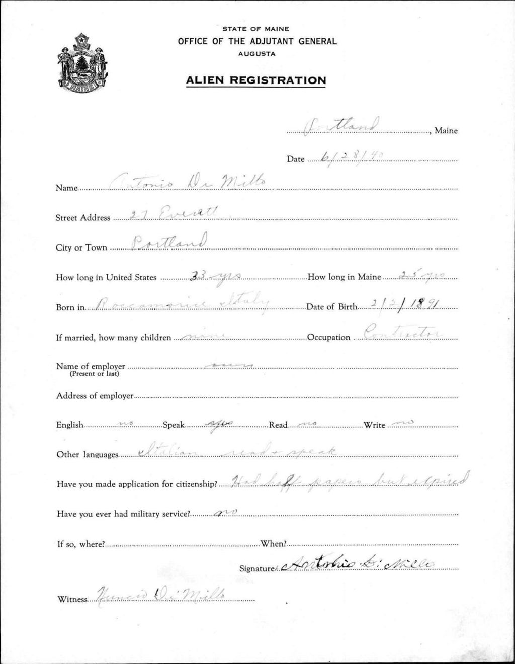 Miniature of Alien Registration- Di Millo, Antonio (Portland, Cumberland County)