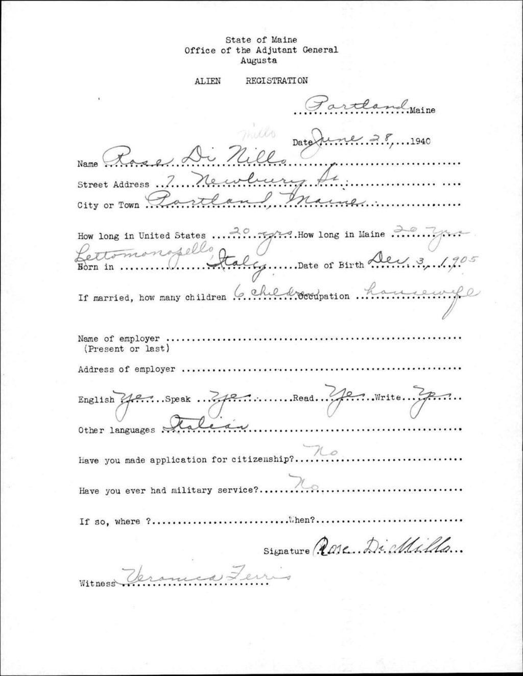 Miniature of Alien Registration- Di Millo, Rose (Portland, Cumberland County)