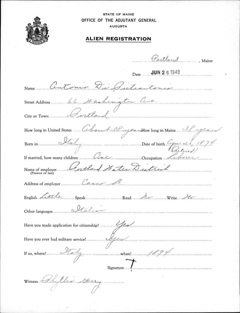 Miniature of Alien Registration- Di Pietrantonio, Antonio (Portland, Cumberland County)