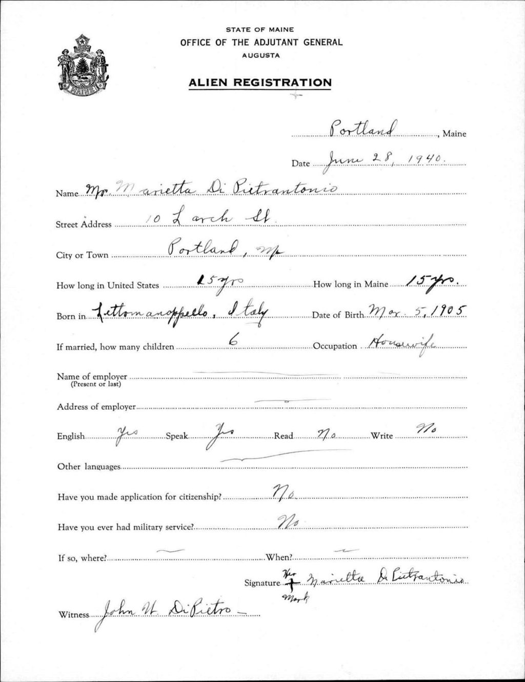 Miniature of Alien Registration- Di Pietrantonio, Marietta (Portland, Cumberland County)