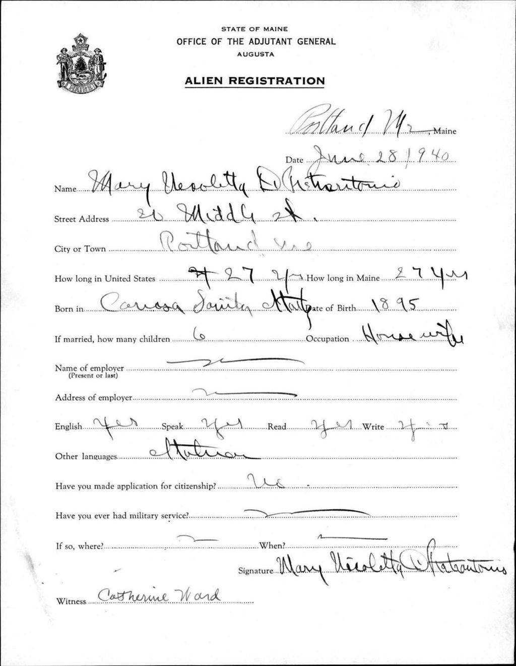 Miniature of Alien Registration- Di Pietrantonio, Mary V. (Portland, Cumberland County)