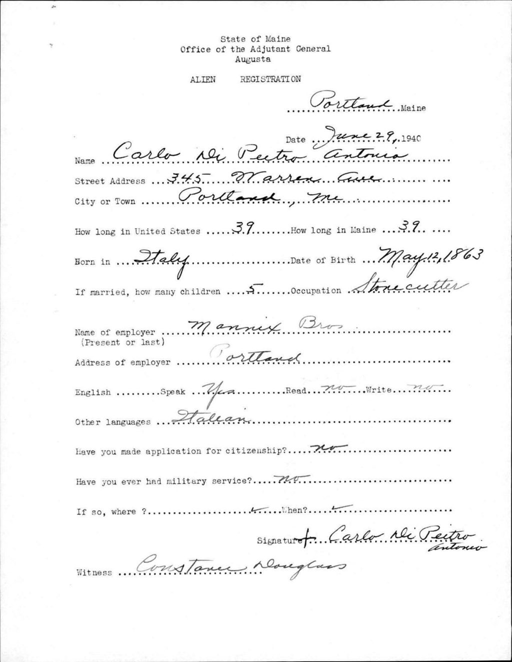Miniature of Alien Registration- Di Pietroantonio, Carlo (Portland, Cumberland County)