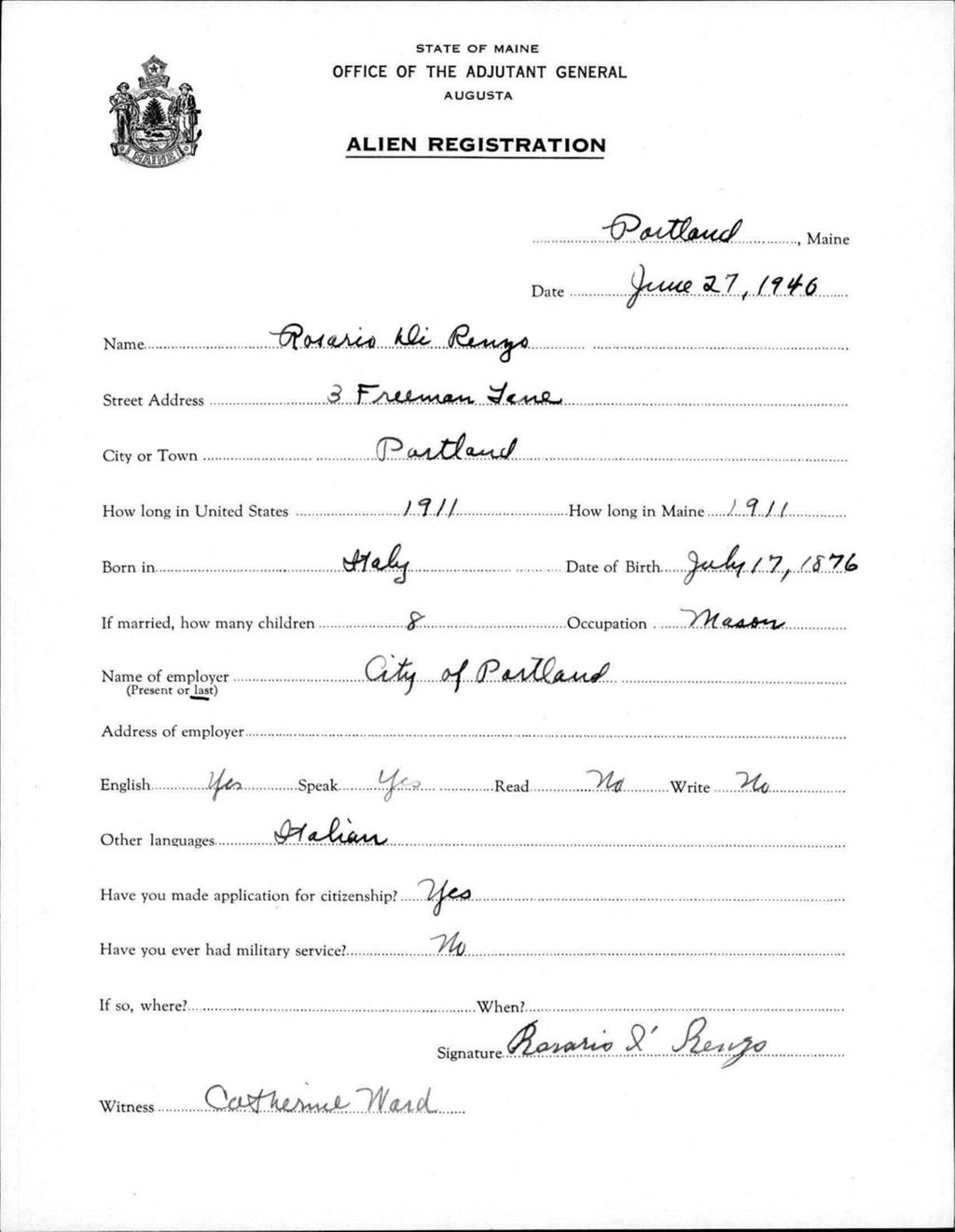 Miniature of Alien Registration- Di Renzo, Rosario (Portland, Cumberland County)