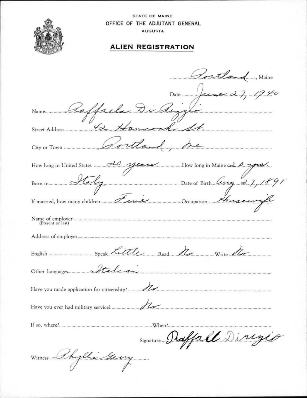Miniature of Alien Registration- Di Rizzio, Raffaela (Portland, Cumberland County)