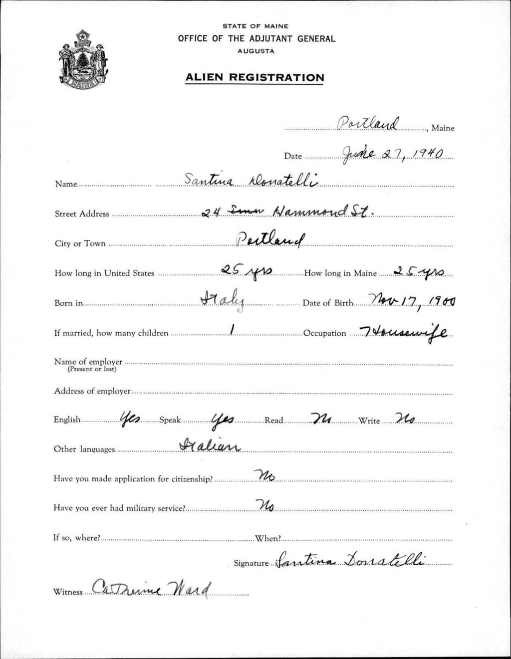Miniature of Alien Registration- Donatelli, Santina (Portland, Cumberland County)