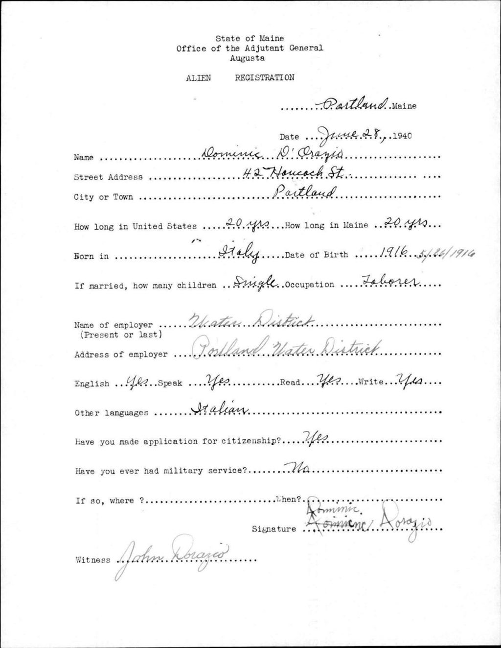 Miniature of Alien Registration- D'Orazio, Dominic (Portland, Cumberland County)