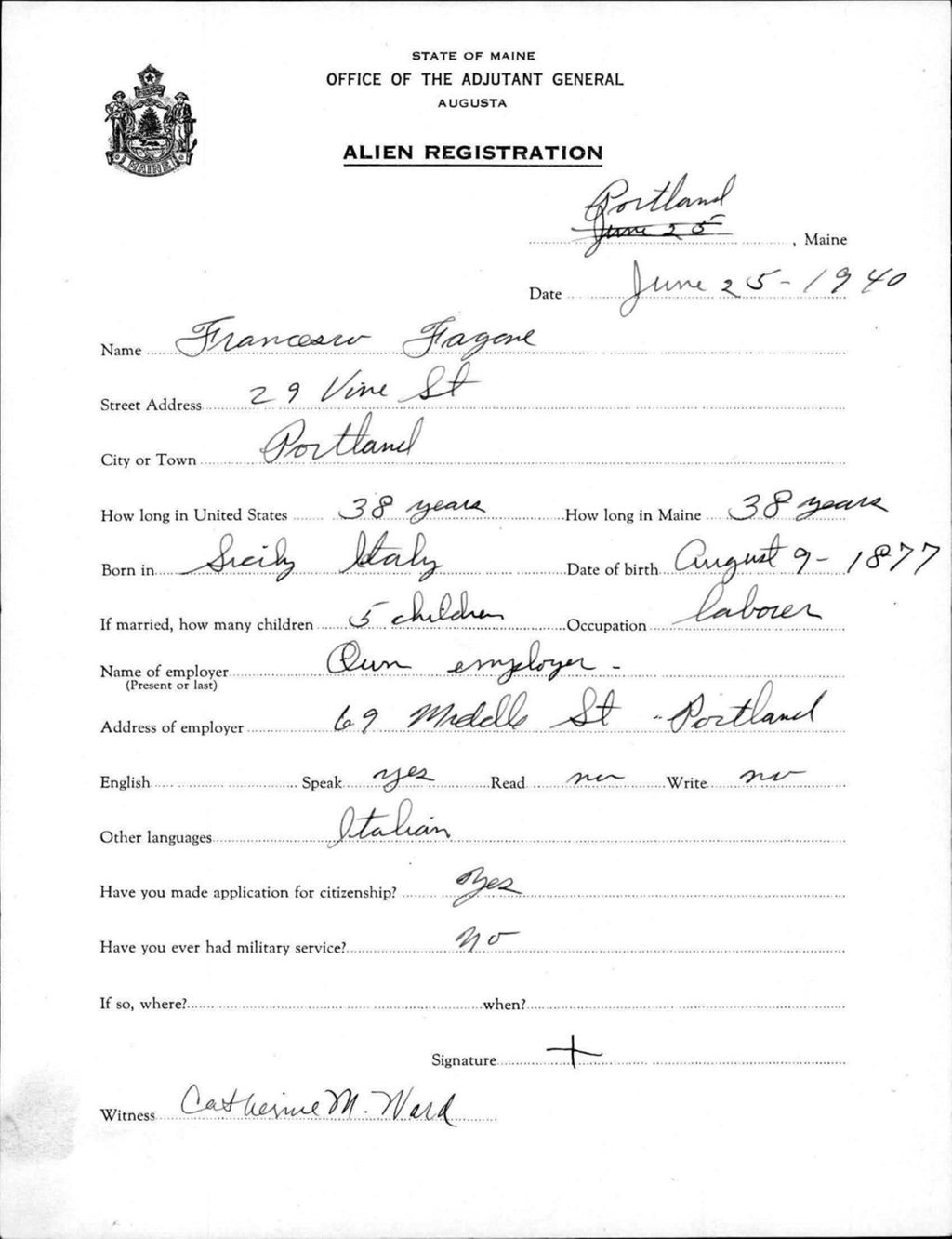 Miniature of Alien Registration- Fagone, Francesco (Portland, Cumberland County)