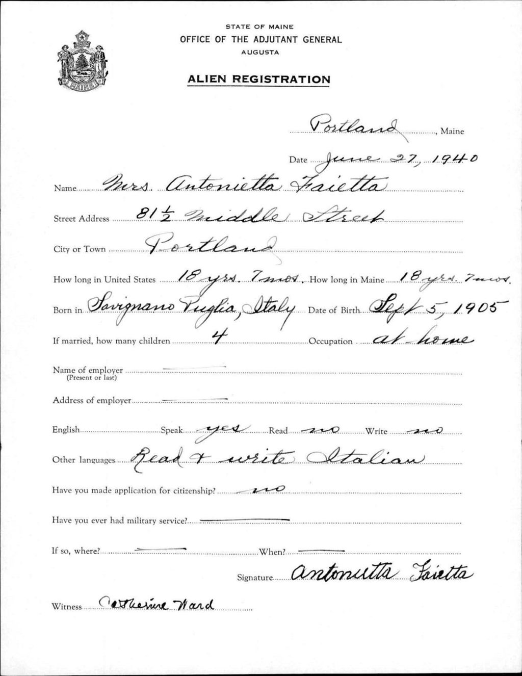 Miniature of Alien Registration- Faietta, Antonietta (Portland, Cumberland County)