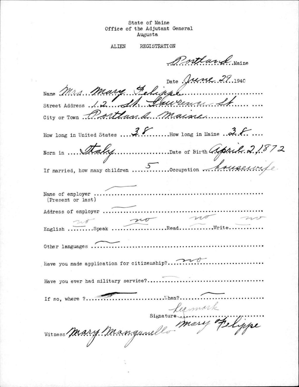Miniature of Alien Registration- Felippe, Mary (Portland, Cumberland County)