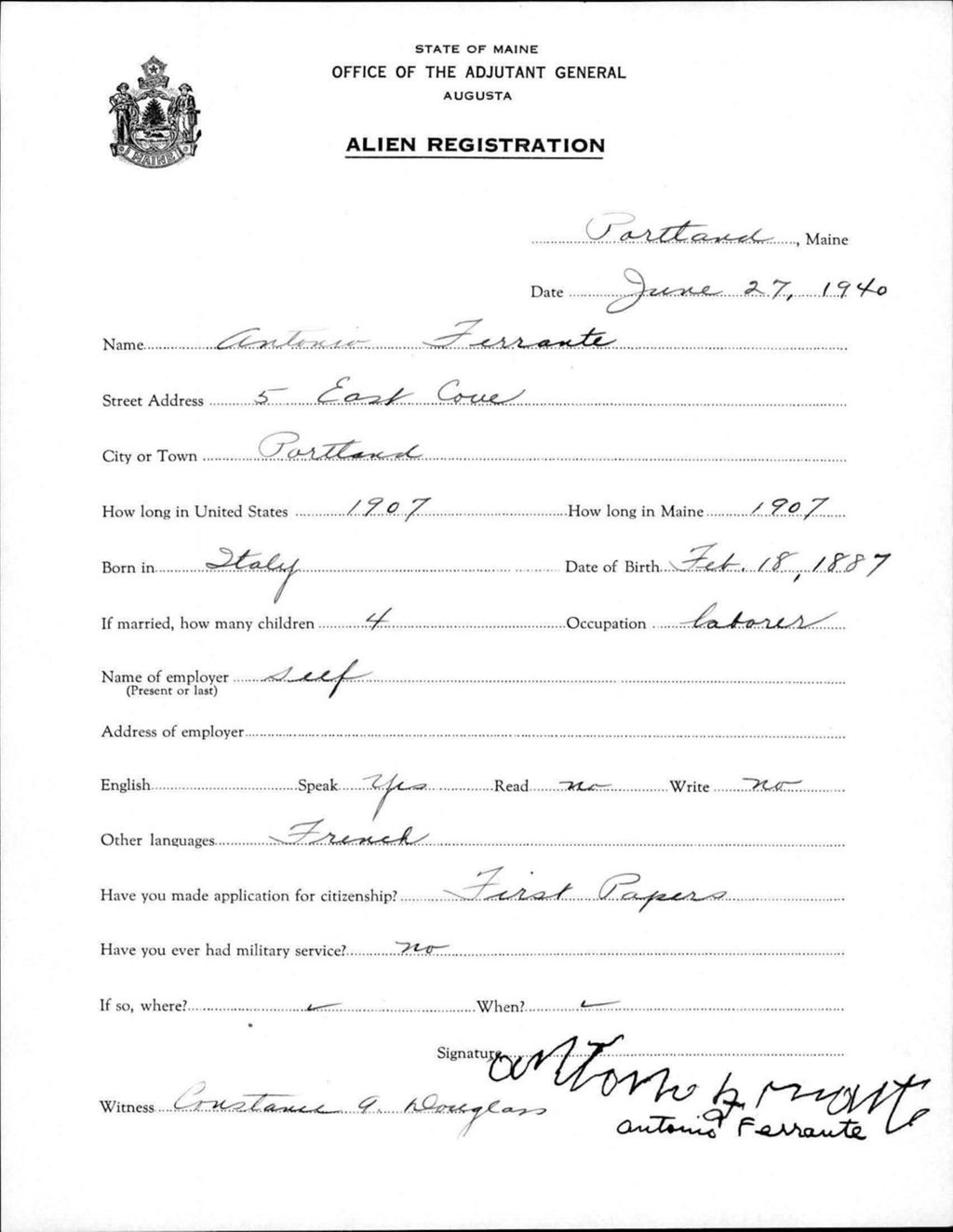 Miniature of Alien Registration- Ferrante, Antonio (Portland, Cumberland County)