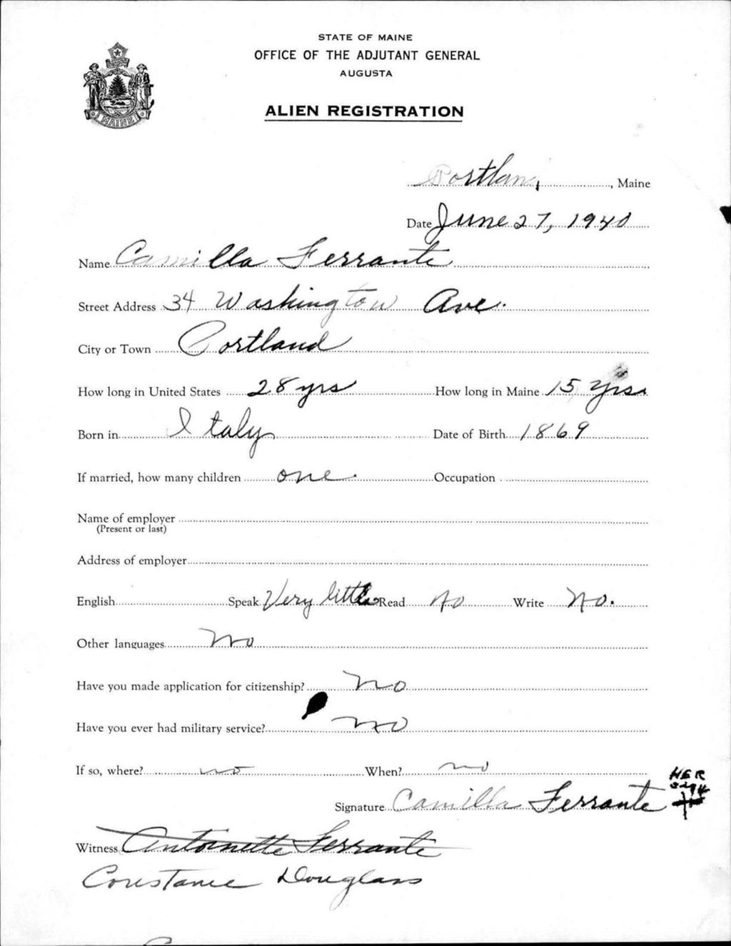 Miniature of Alien Registration- Ferrante, Camilla (Portland, Cumberland County)