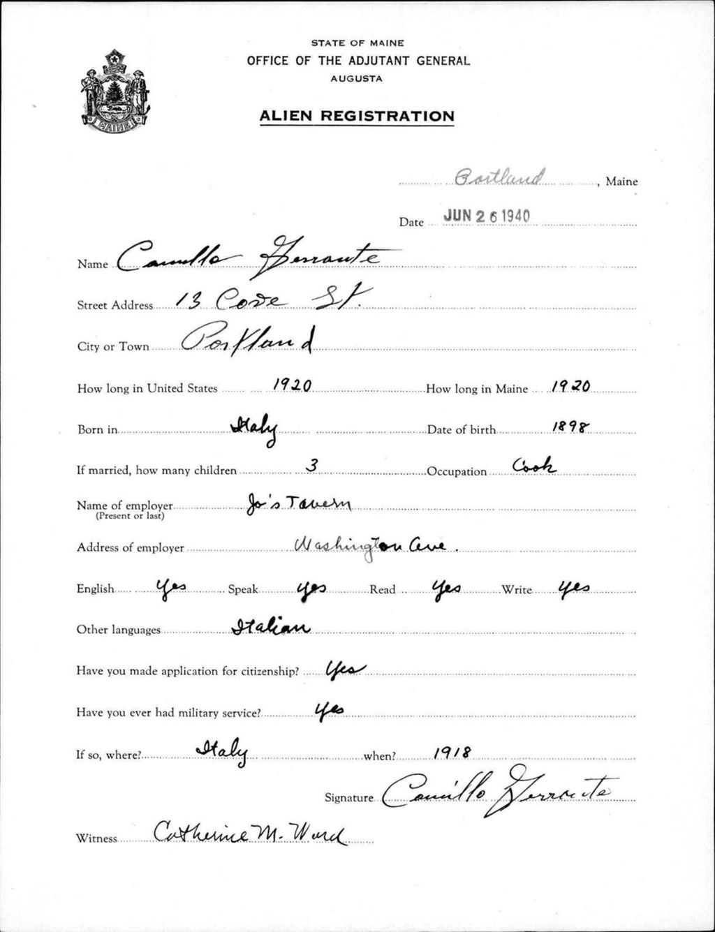Miniature of Alien Registration- Ferrante, Camillo (Portland, Cumberland County)