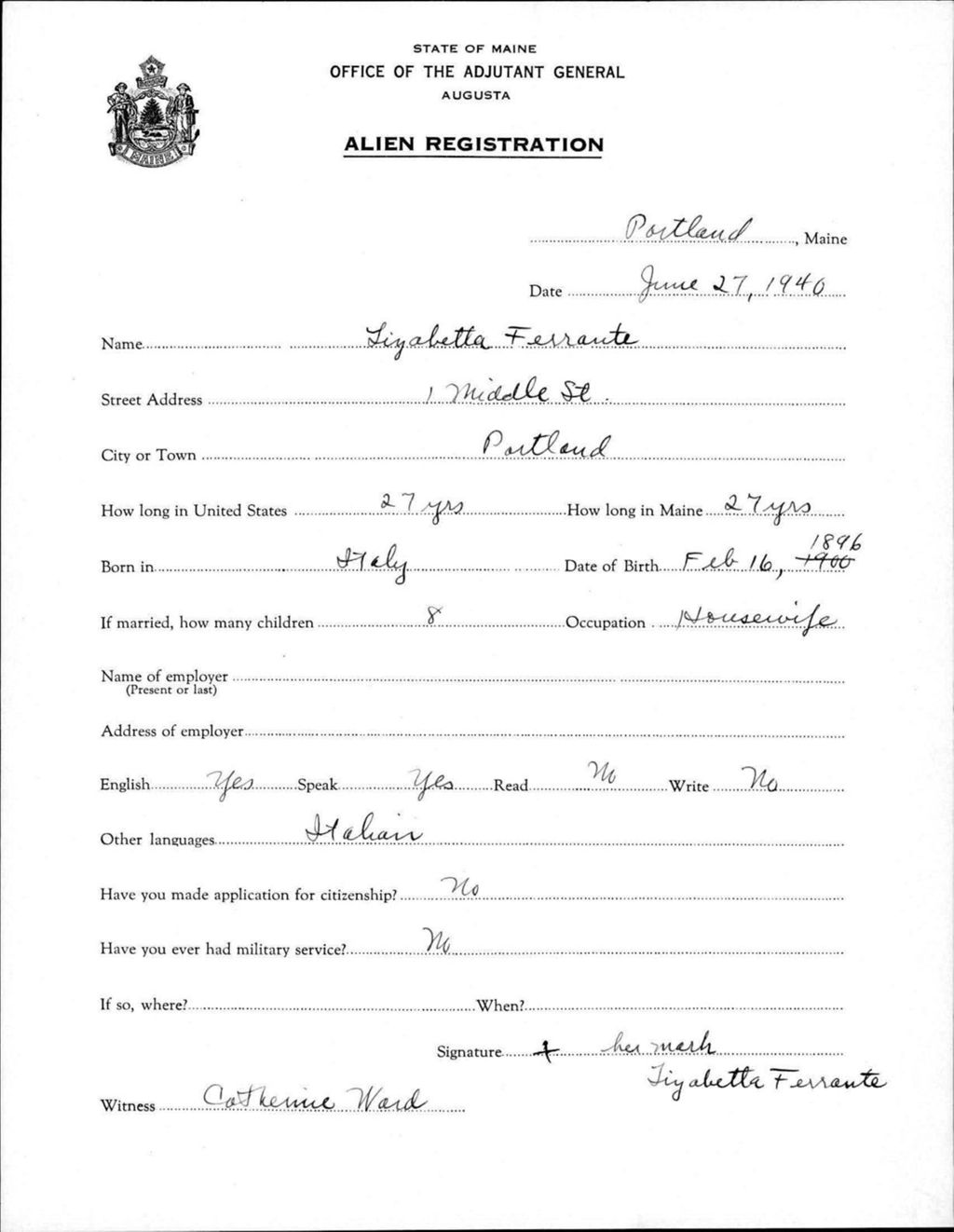 Miniature of Alien Registration- Ferrante, Lizabetta (Portland, Cumberland County)