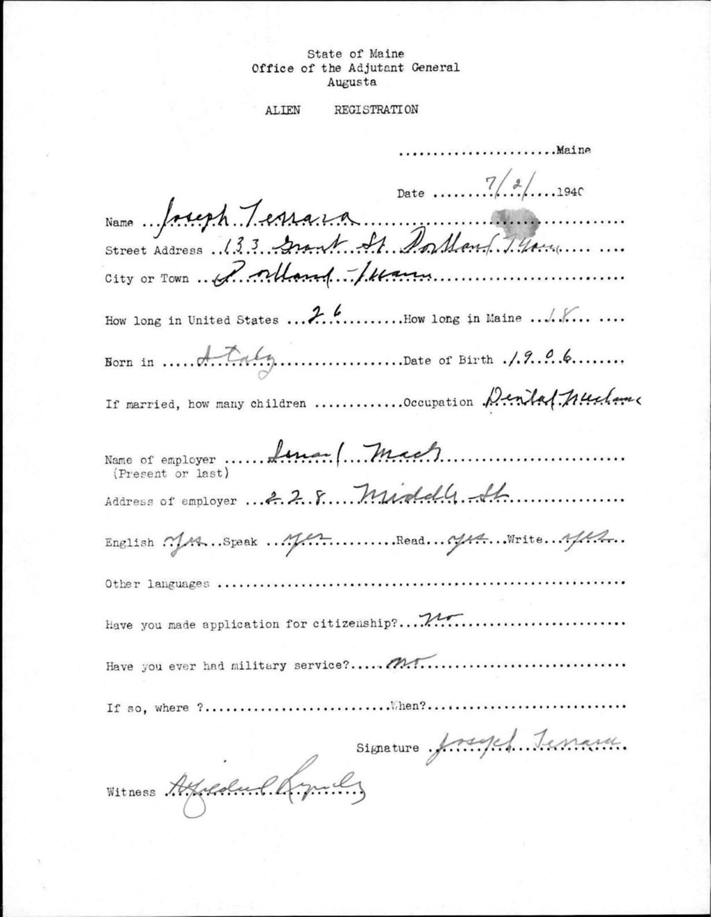 Miniature of Alien Registration- Ferrara, Joseph (Portland, Cumberland County)