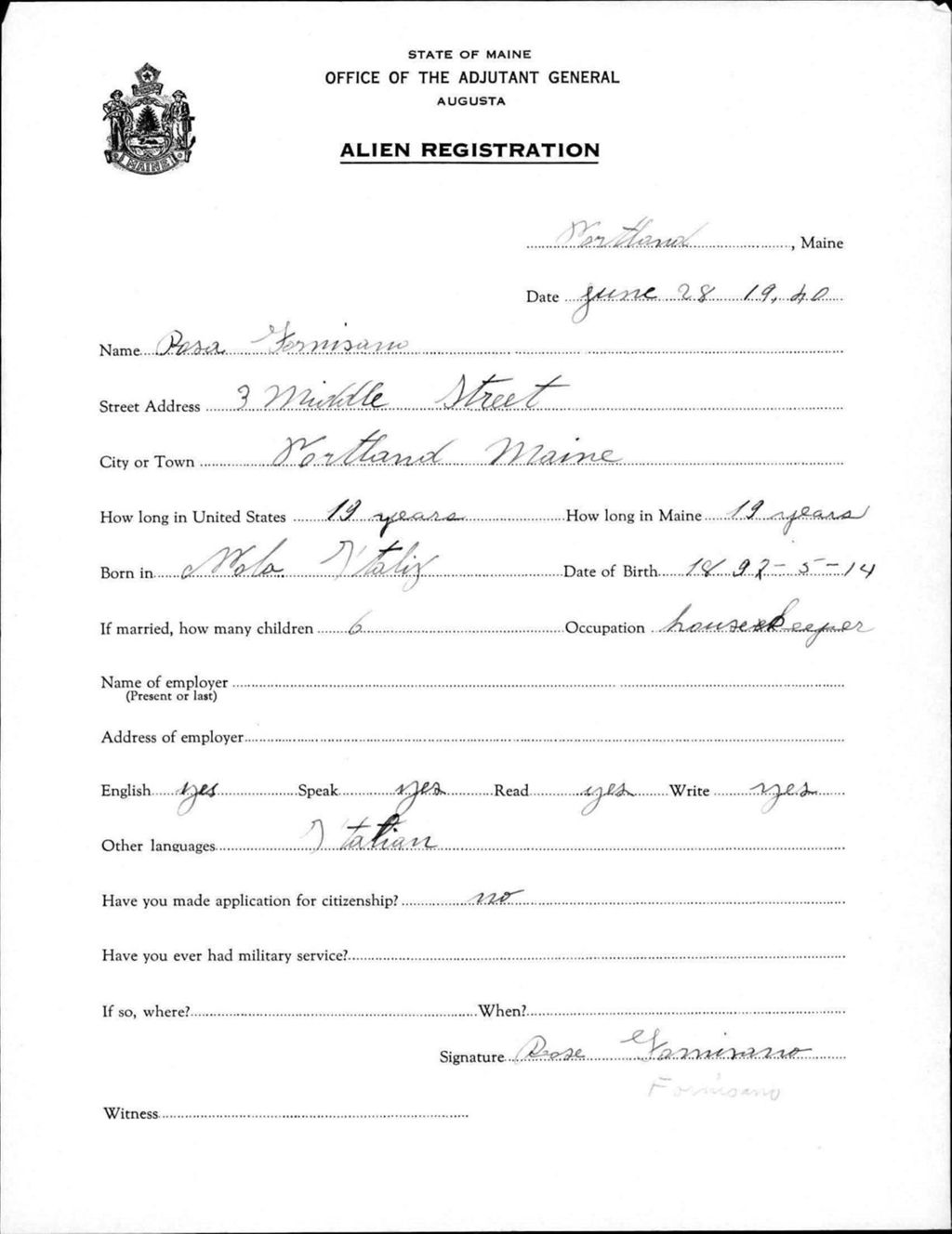 Miniature of Alien Registration- Gormisano, Rosa (Portland, Cumberland County)