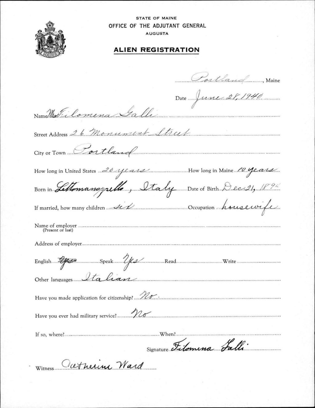 Miniature of Alien Registration- Galli, Filomena (Portland, Cumberland County)