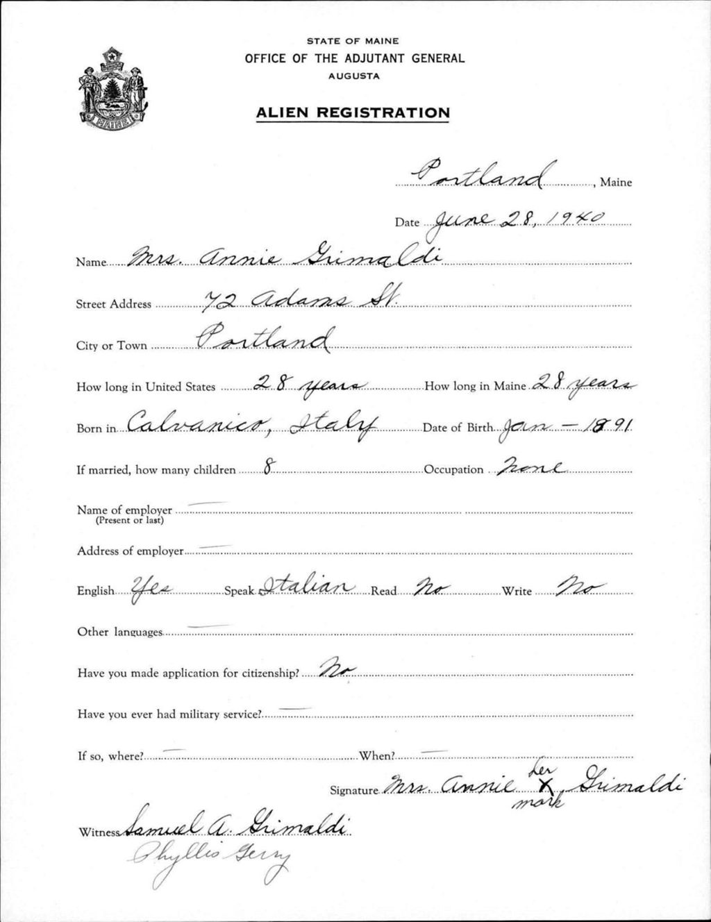 Miniature of Alien Registration- Grimaldi, Annie (Portland, Cumberland County)