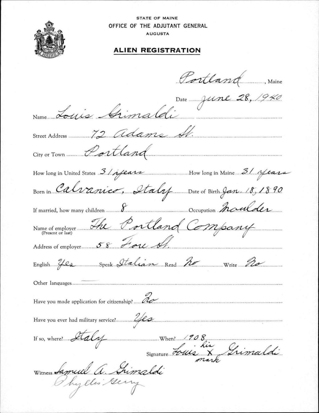 Miniature of Alien Registration- Grimaldi, Louis (Portland, Cumberland County)